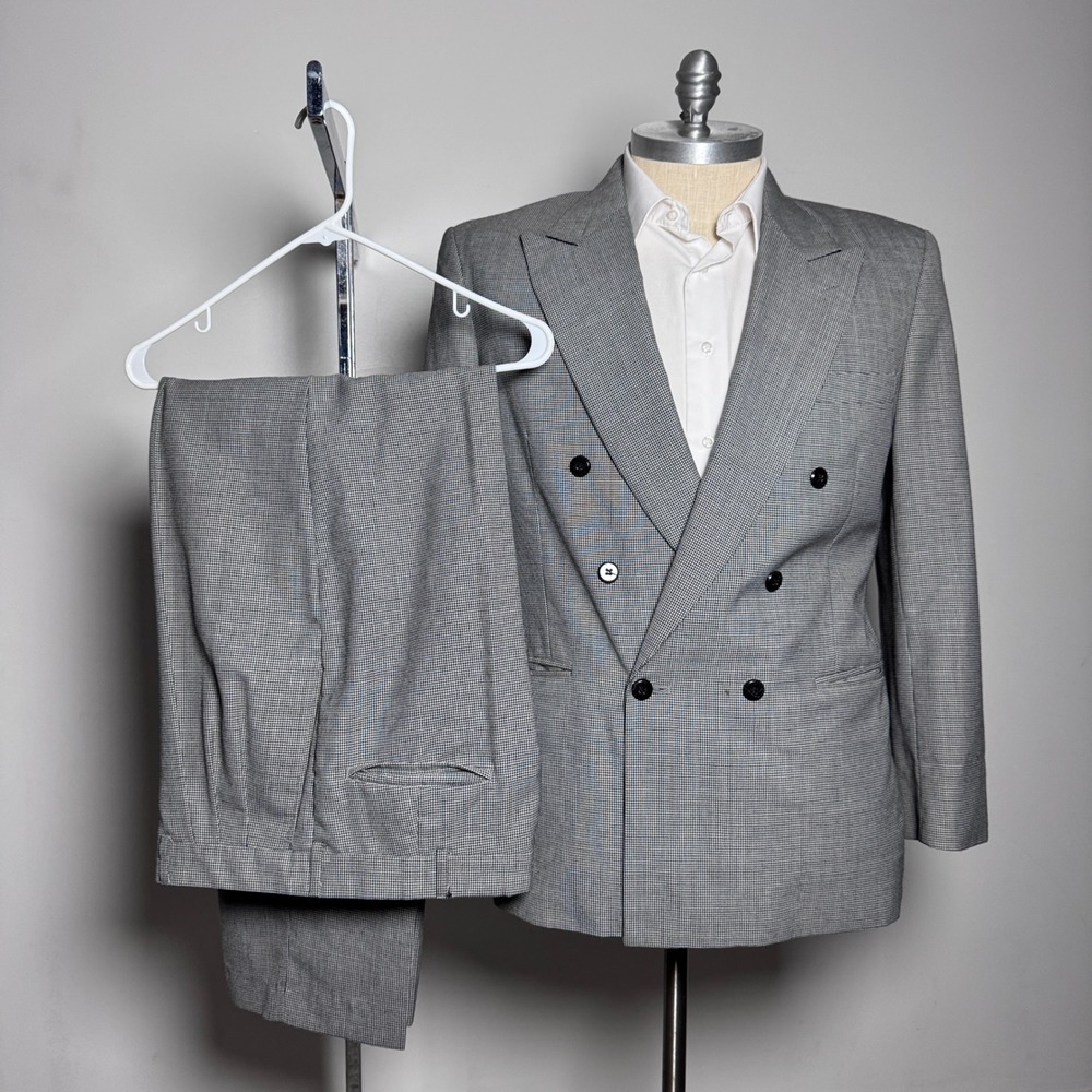 John Henry Suit Mens 44R 33x32 Grey Houndstooth Double Breasted Athletic‎ Fit